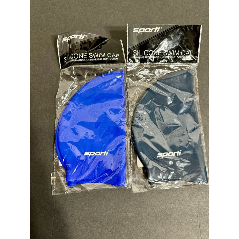 Lot of Two Sporti Silicone Swim Caps Light Weight High Performance Blue & Navy